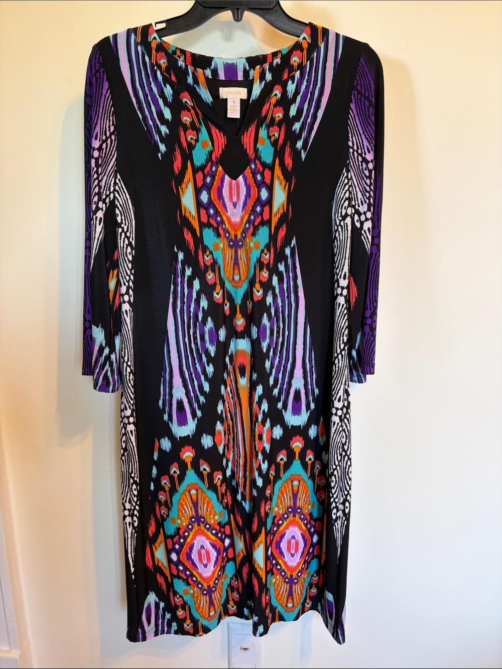 Chico’s Ikat Geometric Print Dress Size 1 M Black Purple Orange V Neck